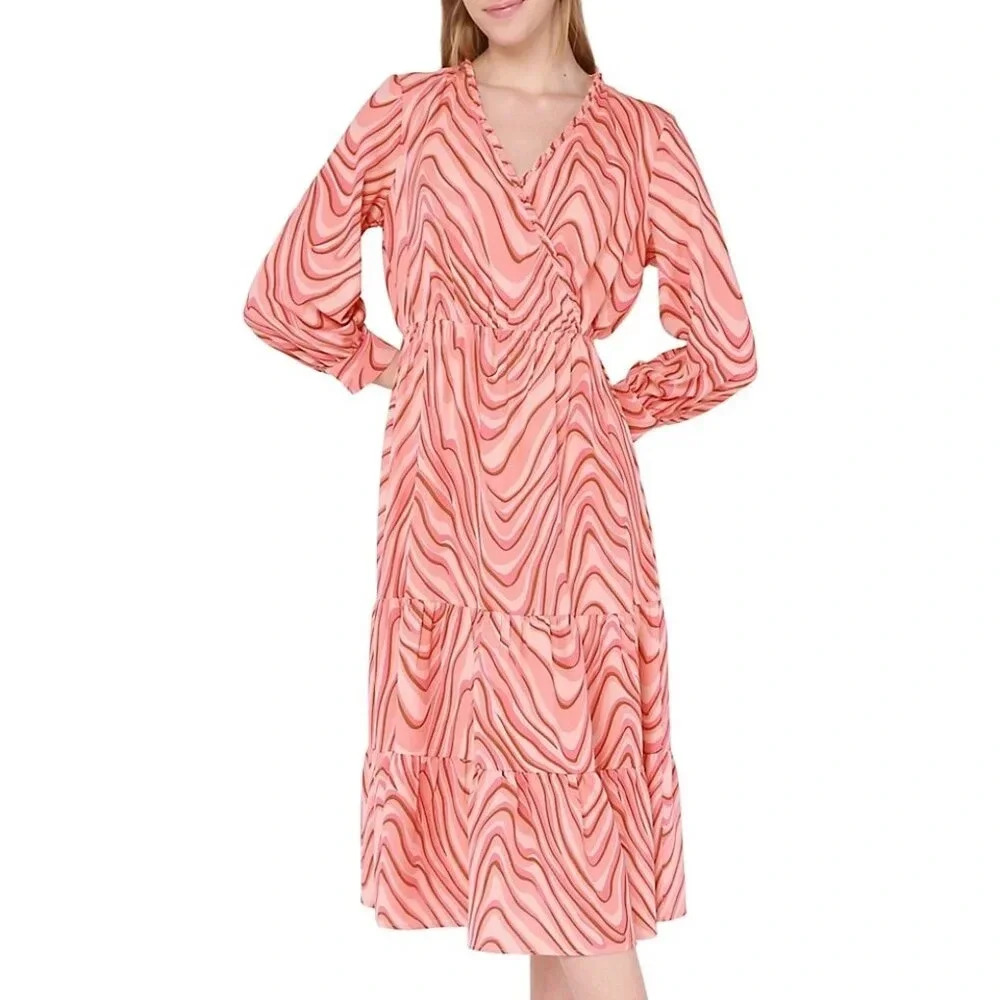 NWT Dex Tiered Midi Dress Sz  XS Coral Swirl Psychedelic Funky Hippie Wrap Front